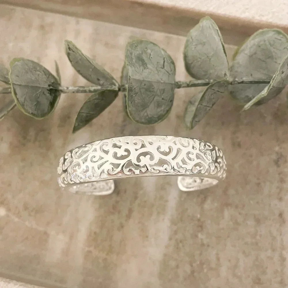 925 Sterling Silver Cuff Bracelet Bangle Bracelet Floral Cutout Chunky Bracelet